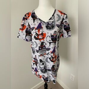 Cherokee Halloween Theme Scrub Top - Size Small - Grey/Purple/Orange
